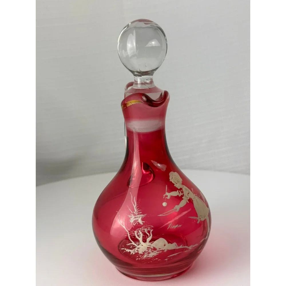 Vintage Mary Gregory Style Cranberry Glass Decanter Pink Enamel Girl 7.5in Good